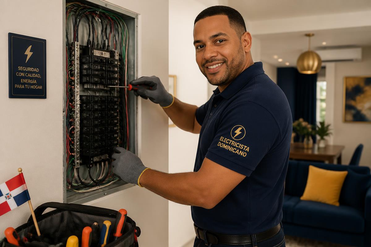Electricista de F&H Multiservices instalando un tablero eléctrico en Santo Domingo
